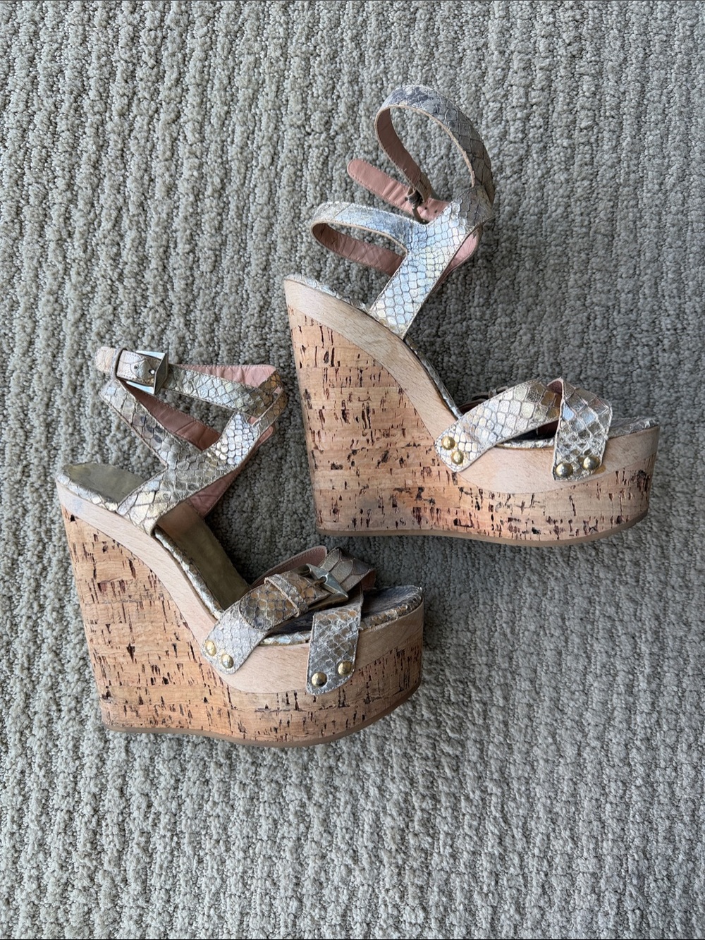 Stuart Weitzman Metallic Snake-Print Cork Wedge Sandals